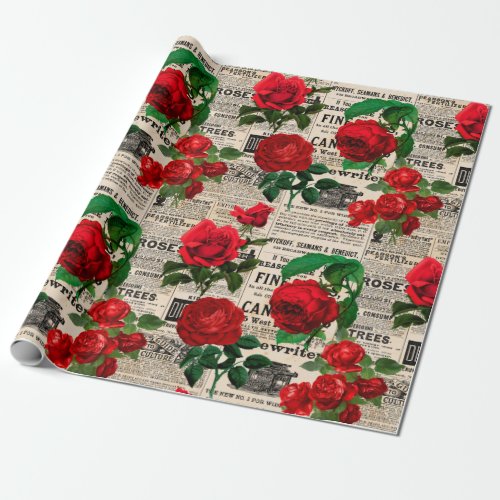 Red Roses on Vintage Newsprint Wrapping Paper
