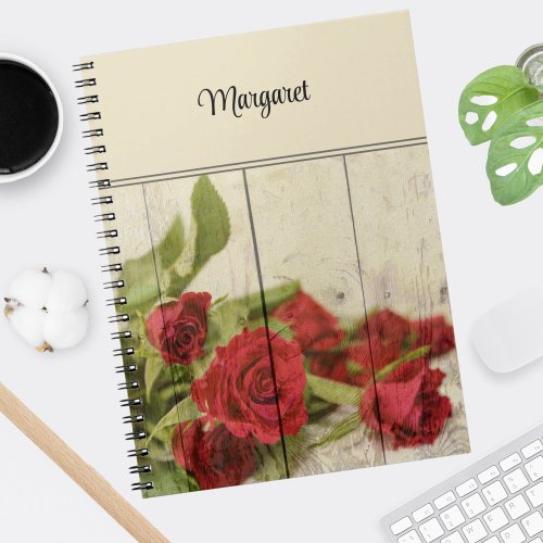 Red Roses on Weathered Wood Background Spiral Notebook