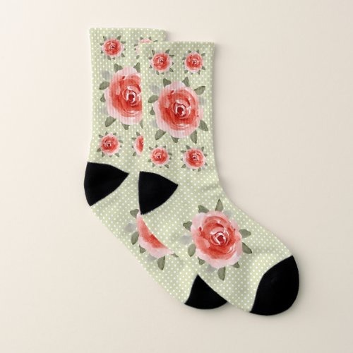 Red Roses on White and Lime Dots Socks