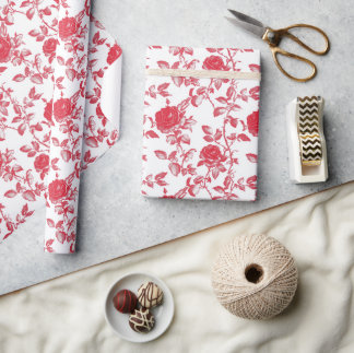 Red Roses on White Toile De Jouy Wrapping Paper
