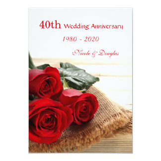 Red roses on wood 40th Wedding Anniversary Invite