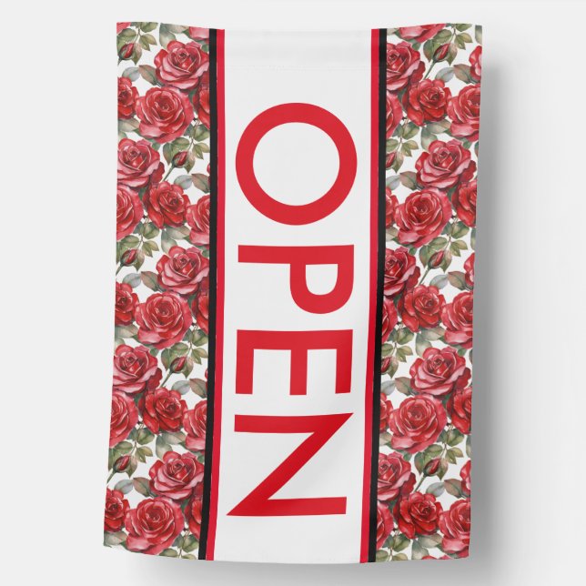 Red Roses Open Sign for Business Flag (Front)