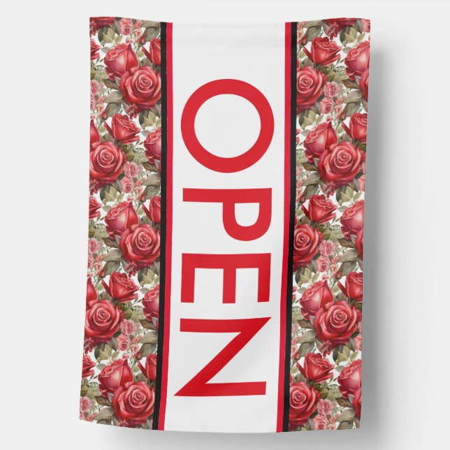 Red Roses Open Sign for Business Flag (Front)