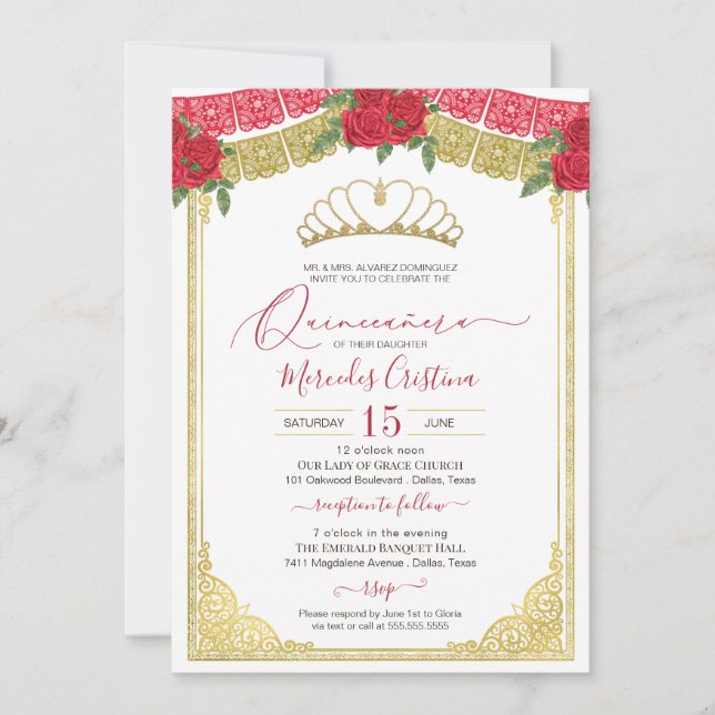 Red Roses & Ornamental Gold Elegant Quinceanera  Invitation (Front)