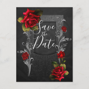 Red Roses Ornate Gothic Wedding Save the Date Announcement Postcard