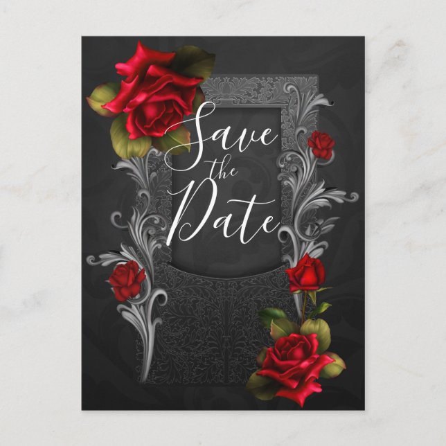 Red Roses Ornate Gothic Wedding Save the Date Announcement Postcard (Front)