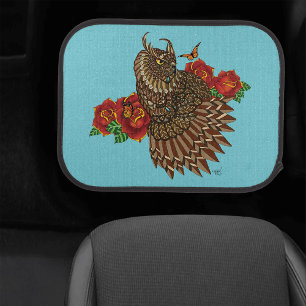 Red Roses Owl Blue Car Floor Mat