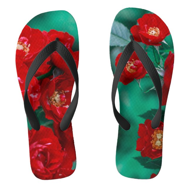 Red Roses Pale Green Leaves Flip Flops (Footbed)