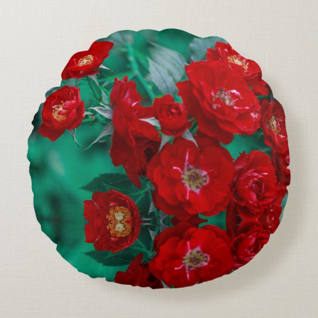 Red Roses Pale Green Leaves Round Pillow (Front)