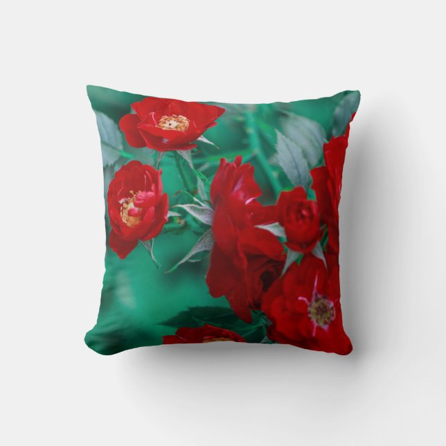 Red Roses Pale Green Leaves Throw Pillow (Front)