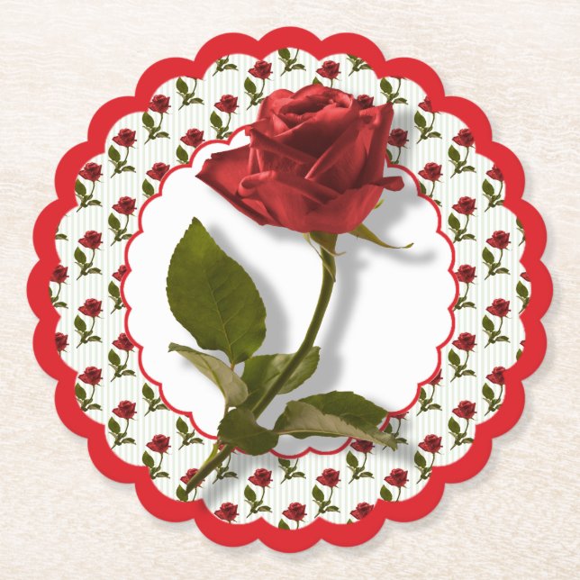 Red Roses Pattern - Floral Photography - Scalloped Paper Coaster (Front)