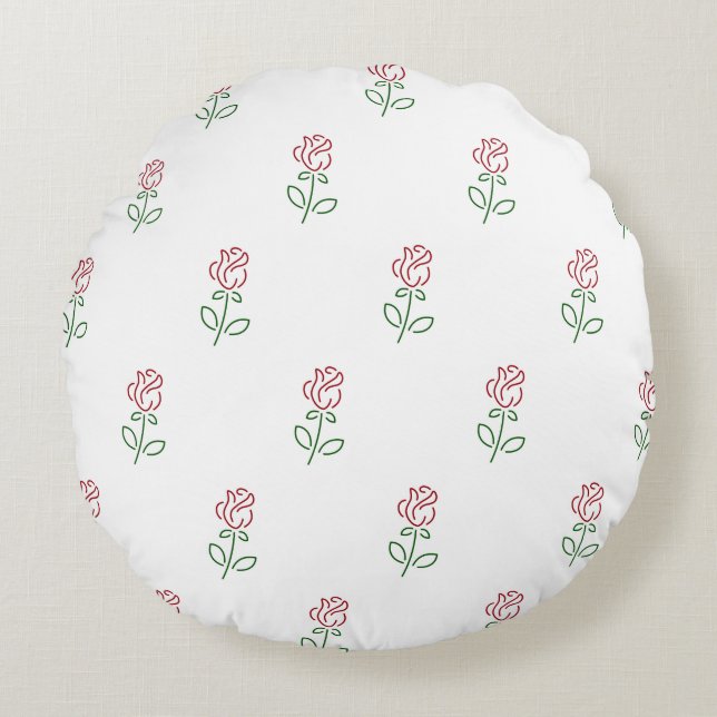 Red Roses, Pattern Of Roses, Flowers Round Pillow (Front)