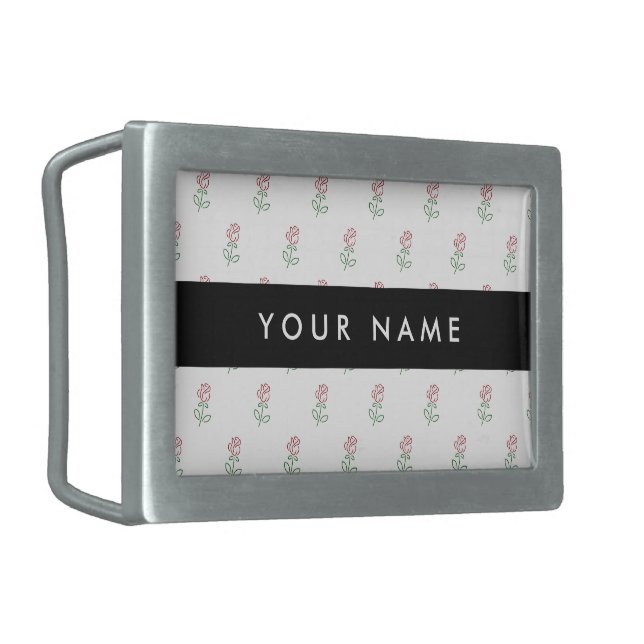 Red Roses, Pattern Of Roses, Your Name Belt Buckle (Front Left)