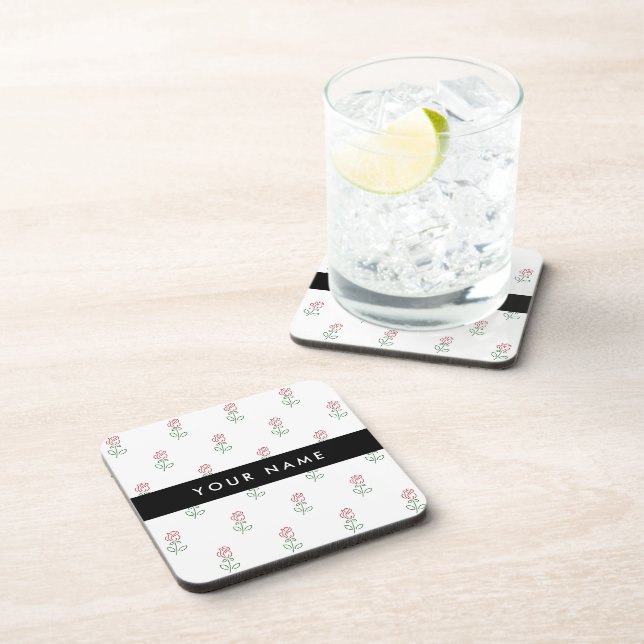 Red Roses, Pattern Of Roses, Your Name Beverage Coaster (Right Side)