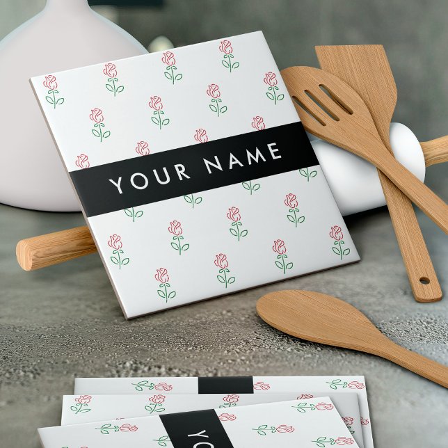 Red Roses, Pattern Of Roses, Your Name Ceramic Tile (Creator Uploaded)