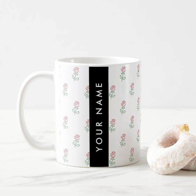 Red Roses, Pattern Of Roses, Your Name Coffee Mug (With Donut)