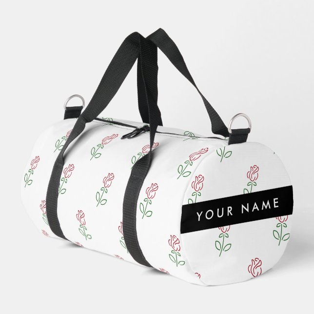 Red Roses, Pattern Of Roses, Your Name Duffle Bag (Left Corner)