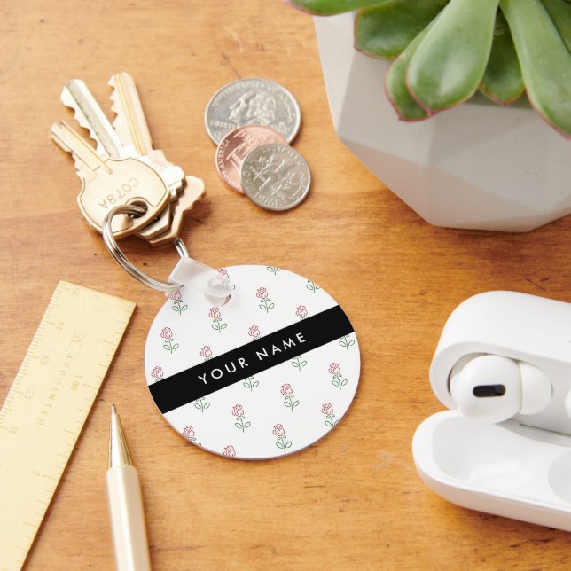Red Roses, Pattern Of Roses, Your Name Keychain (Desk)