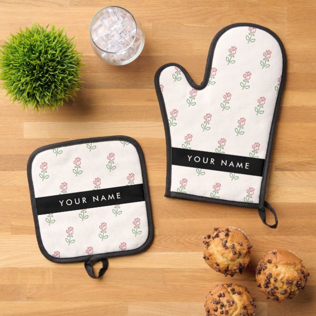 Red Roses, Pattern Of Roses, Your Name Oven Mitt & Pot Holder Set (Top Down)