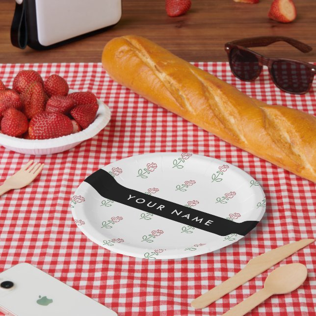 Red Roses, Pattern Of Roses, Your Name Paper Plates (Picnic)