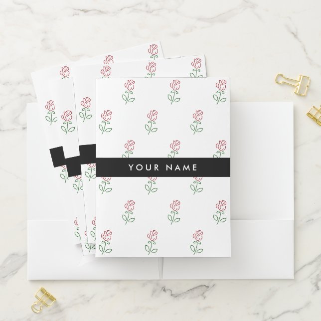 Red Roses, Pattern Of Roses, Your Name Pocket Folder (In Situ)