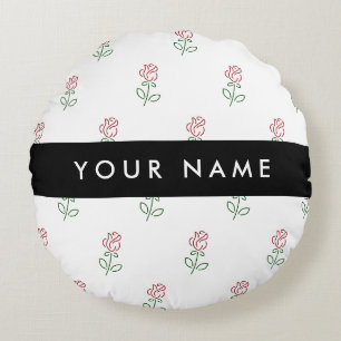 Red Roses, Pattern Of Roses, Your Name Round Pillow