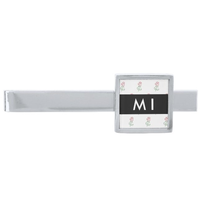 Red Roses, Pattern Of Roses, Your Name Silver Finish Tie Bar (Front)