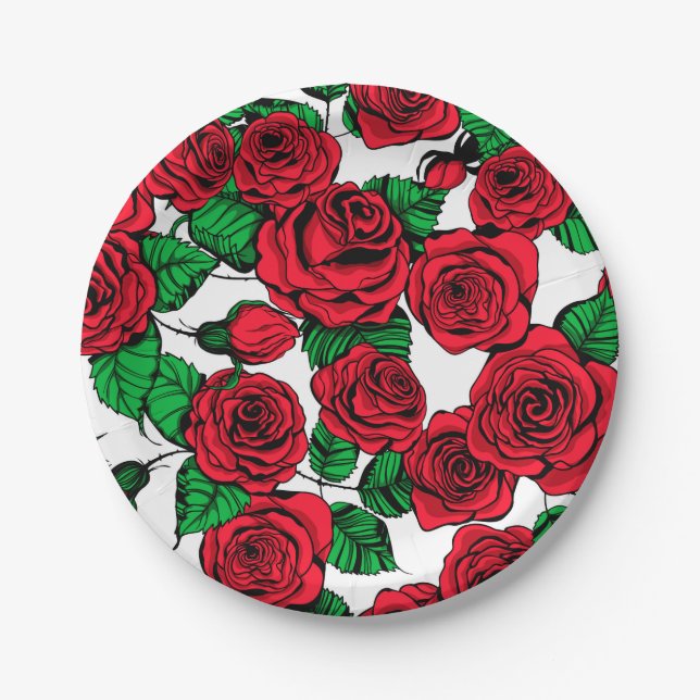 Red roses pattern paper plates (Front)