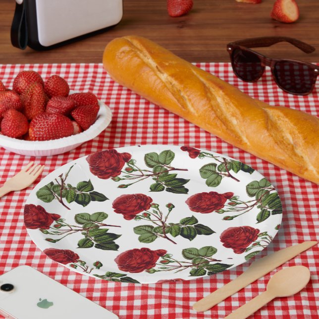 Red Roses Pattern Paper Plates (Picnic)