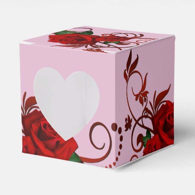 Red Roses Pattern Pink Heart Favor Box (Front Side)