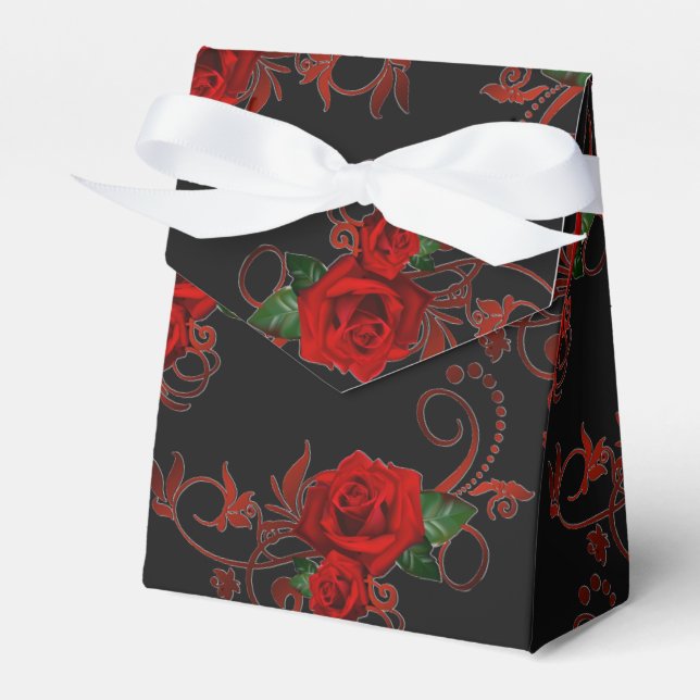 Red Roses Pattern Red and Black Favor Box (Front Side)