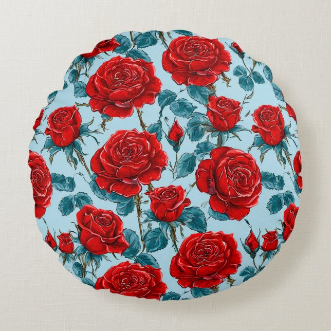 Red roses pattern round pillow (Front)