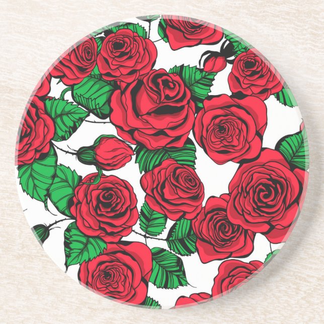 Red roses pattern sandstone coaster (Front)