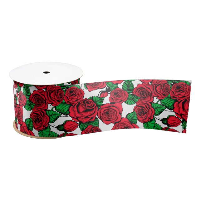 Red roses pattern satin ribbon (Spool)