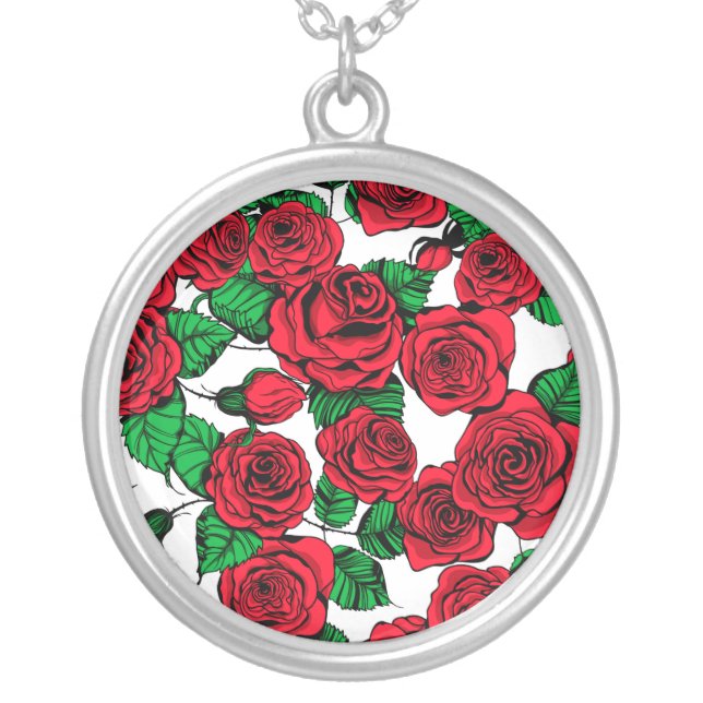 Red roses pattern silver plated necklace (Front)