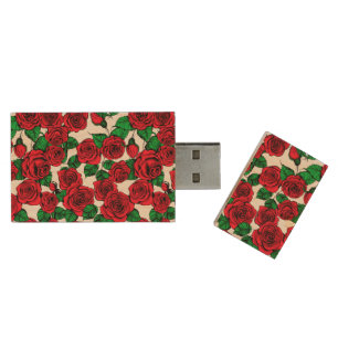 Red roses pattern wood USB flash drive