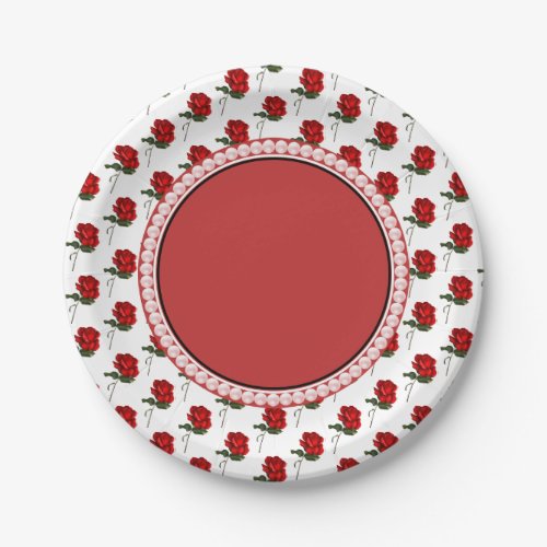 Red Roses  Pearls Elegant Floral Wedding Party Paper Plates