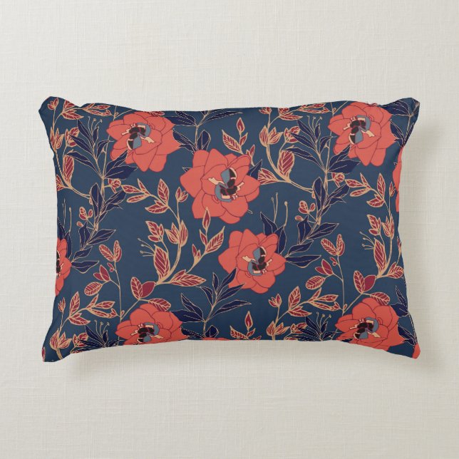 Red Roses Peonies Dark Background Accent Pillow (Front)
