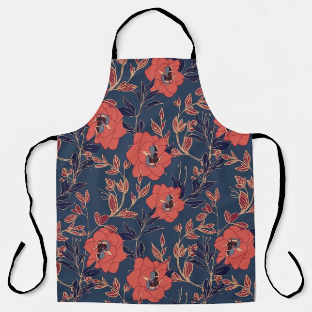 Red Roses Peonies Dark Background Apron (Front)