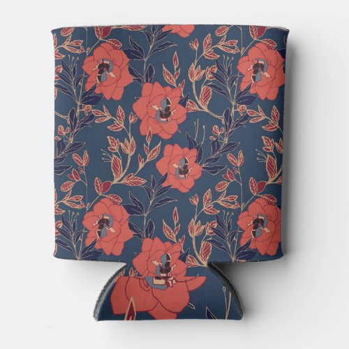 Red Roses Peonies Dark Background Can Cooler