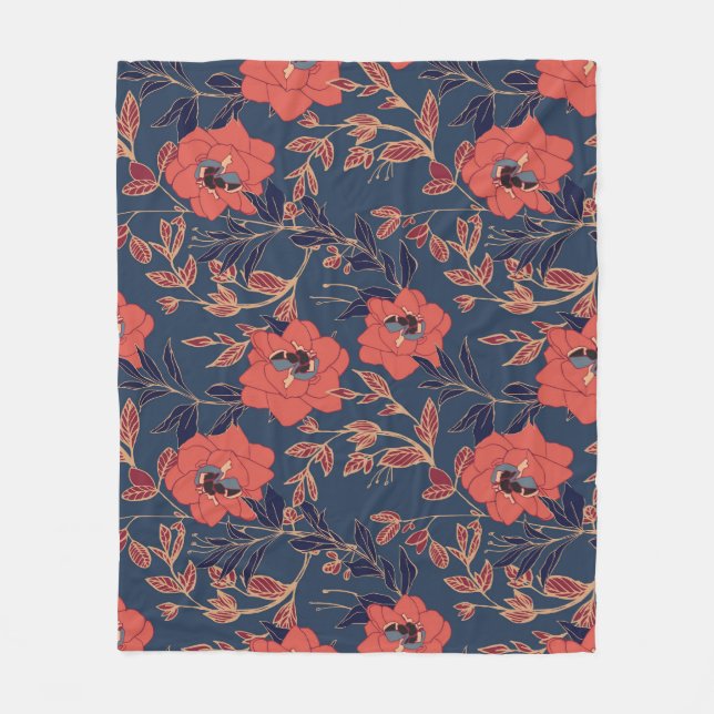 Red Roses Peonies Dark Background Fleece Blanket (Front)