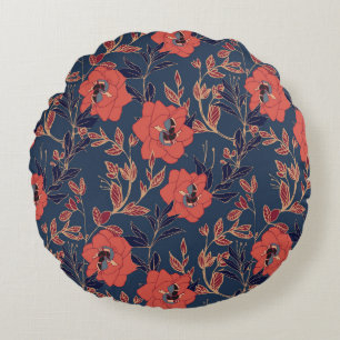 Red Roses Peonies Dark Background Round Pillow