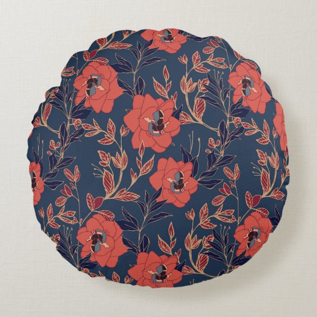 Red Roses Peonies Dark Background Round Pillow (Front)