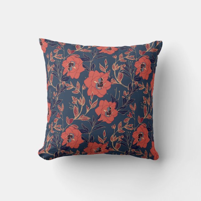 Red Roses Peonies Dark Background Throw Pillow (Front)
