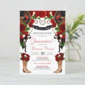 Red Roses Peonies Rustic Western Charra QuinceAnos Invitation (Standing Front)