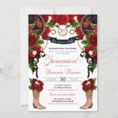 Red Roses Peonies Rustic Western Charra QuinceAnos Invitation (Front)
