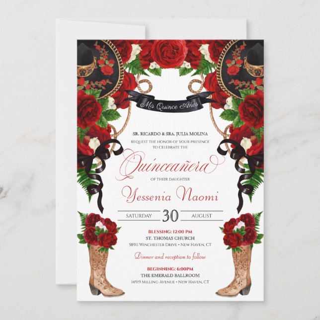 Red Roses & Peonies Western Charra Quinceanera Invitation (Front)