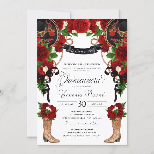 Red Roses  Peonies Western Charro Quinceanera Inv Invitation