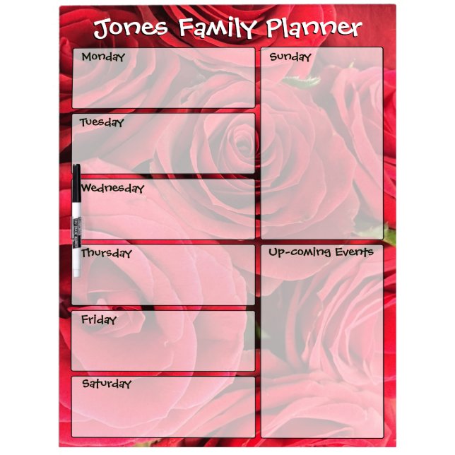 Red Roses Personalized Family Weekly Planner Dry Erase Board (Front)