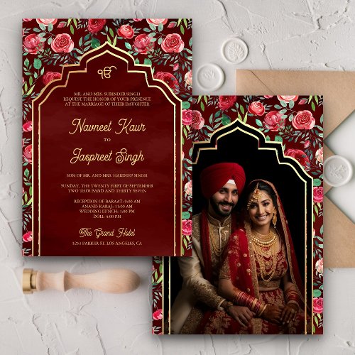 Red Roses Photo Anand Karaj Sikh Wedding Invitation